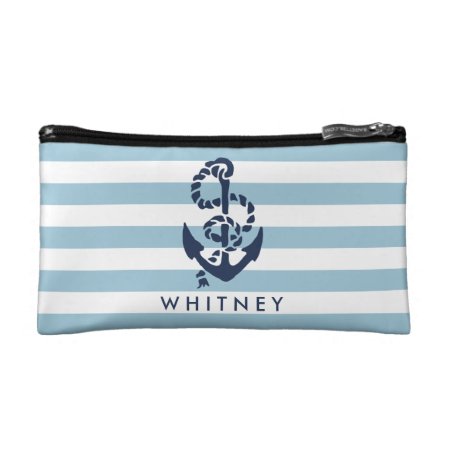 Nautical Blue Stripe & Navy Anchor Personalized Cosmetic Bag