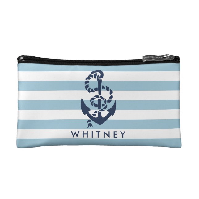 Nautical Blue Stripe & Navy Anchor Personalized Cosmetic Bag (Front)