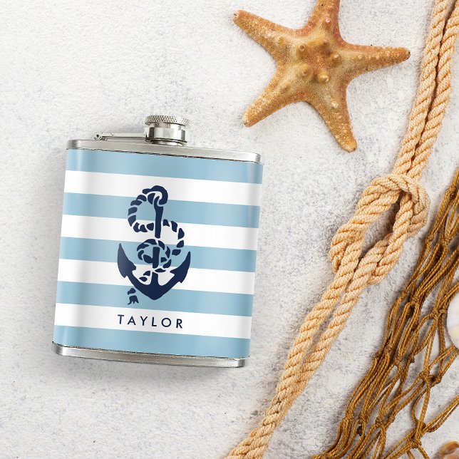 Nautical Blue Stripe & Navy Anchor Personalized Flask (Creator Uploaded)