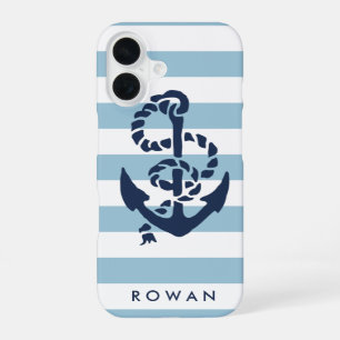 Nautical Blue Stripe & Navy Anchor Personalized iPhone 16 Case