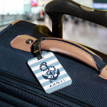 Nautical Blue Stripe Navy Anchor Personalized Luggage Tag<br><div class="desc">Design features a rope and anchor illustration in classic navy blue on a light blue and white stripe background. Customize with your name and contact details on back; wording on front is customizable as well. Coordinating accessories available in our shop!</div>