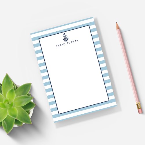 Nautical Blue Stripe  Navy Anchor Personalized Post_it Notes