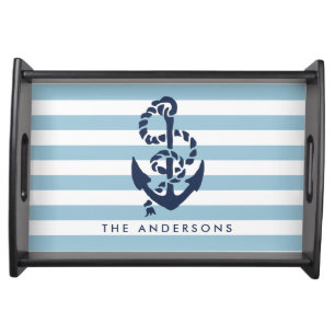 Nautical Blue Stripe & Navy Anchor Personalized Serving Tray