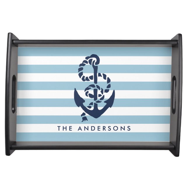 Nautical Blue Stripe & Navy Anchor Personalized Serving Tray (Front)