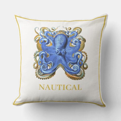 Nautical Blue Stripe Octopus Boat Beach House Outdoor Pillow