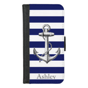 Nautical Blue Stripe Pattern Anchor Monogram iPhone 8/7 Wallet Case