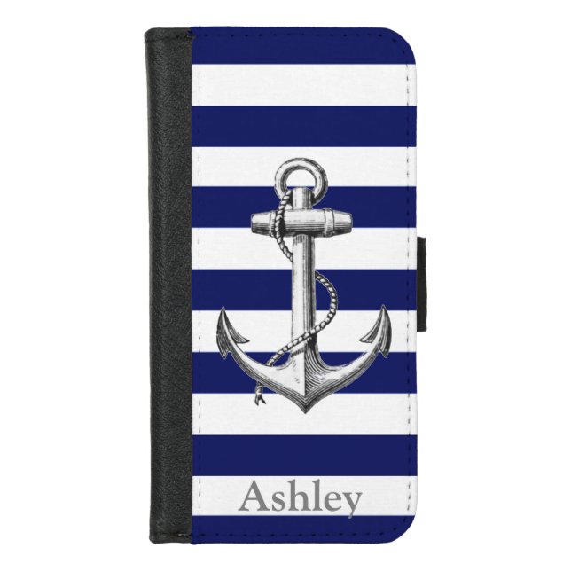 Nautical Blue Stripe Pattern Anchor Monogram iPhone Wallet Case (Front)