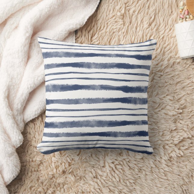 Nautical Blue Stripe Pillow, Coastal Decorative Throw Pillow (Blanket)