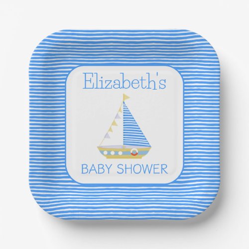 Nautical Blue Stripe Sailboat Baby Shower Paper Plates