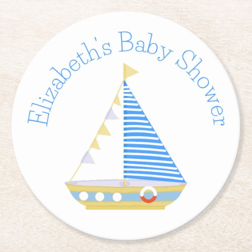 Nautical Blue Stripe Sailboat Baby Shower Round Paper Coaster