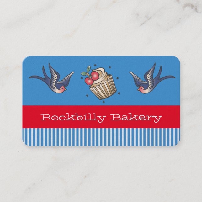 Nautical Blue stripe Tattoo rockabilly bakery Business Card (Front)