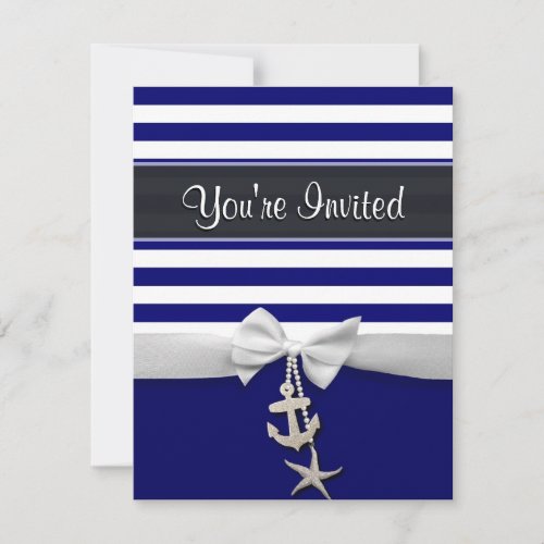 Nautical blue stripe white ribbon &amp; charms graphic personalized invitation