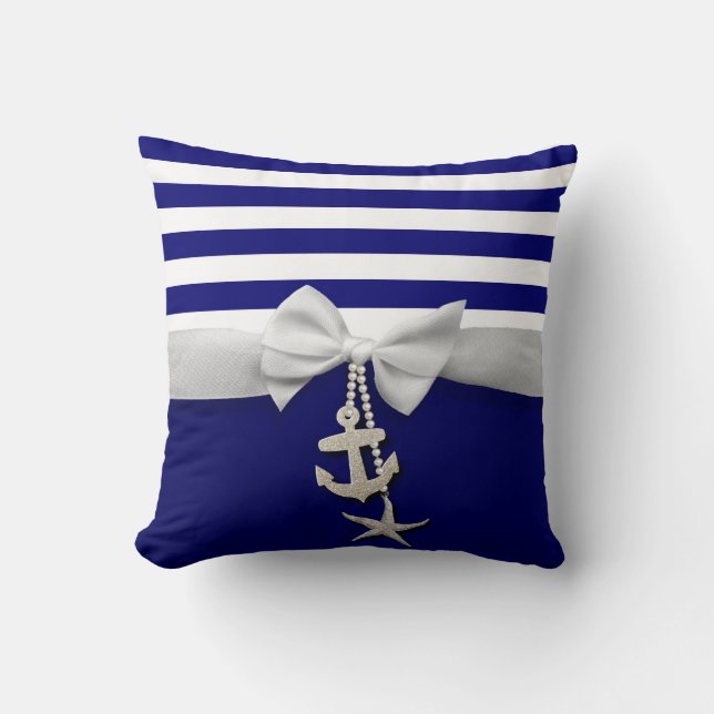 Nautical blue stripe white ribbon & charms graphic throw pillow (Front)