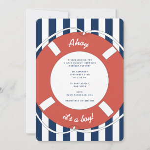 Nautical Blue Striped Ahoy It's a Boy! Baby Shower Invitation