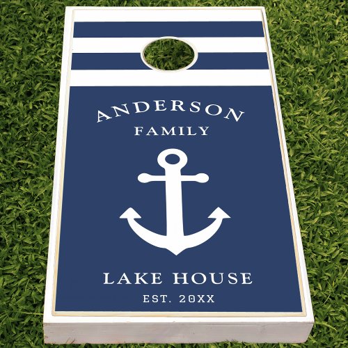 Nautical Blue Striped Anchor Family Lake House Cornhole Set