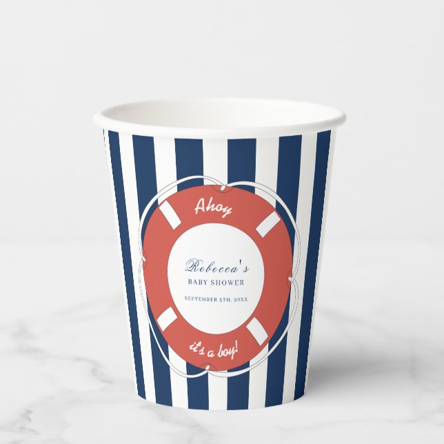 Nautical Blue Striped Baby Shower Boy Paper Cups (Front)