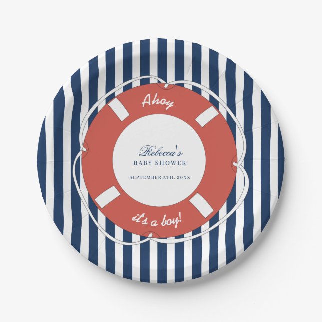 Nautical Blue Striped Baby Shower Boy  Paper Plates (Front)
