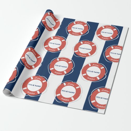 Nautical Blue Striped Custom Name Birthday  Wrapping Paper