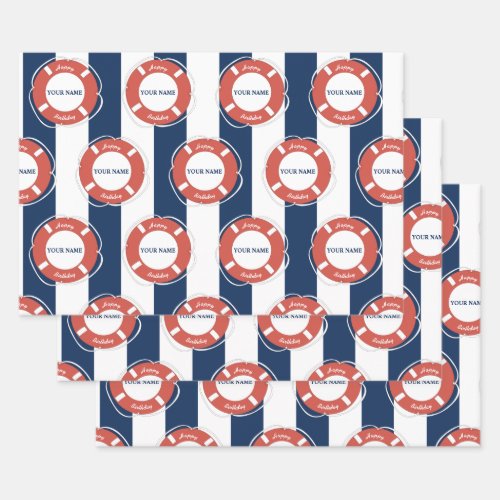 Nautical Blue Striped Custom Name Birthday Wrapping Paper Sheets