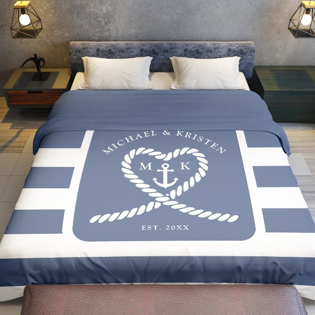 Nautical Blue Striped Heart Anchor Wedding  Duvet Cover (Nautical Blue Striped Heart Anchor Wedding Duvet Cover)