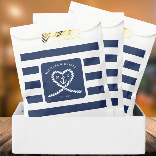 Nautical Blue Striped Heart Anchor Wedding  Favor Bag