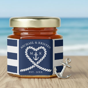Nautical Blue Striped Heart Anchor Wedding  Honey Jar Favors