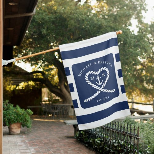 Nautical Blue Striped Heart Anchor Wedding  House Flag