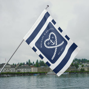 Nautical Blue Striped Heart Anchor Wedding  House Flag