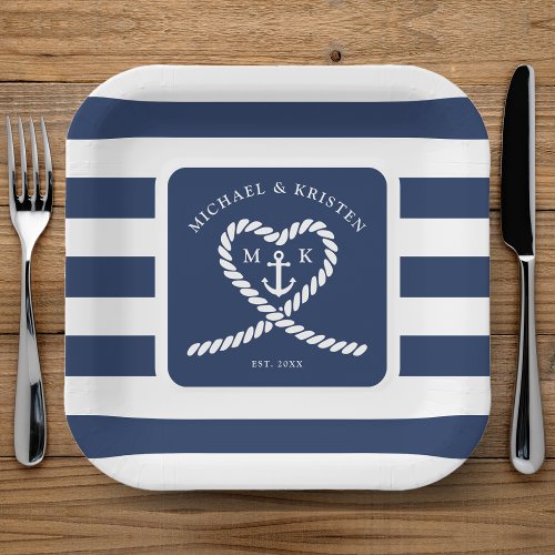 Nautical Blue Striped Heart Anchor Wedding  Paper Plates