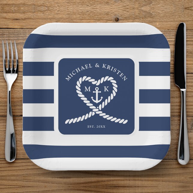 Nautical Blue Striped Heart Anchor Wedding  Paper Plates (Nautical Blue and White Striped Heart Anchor Monogram Wedding Paper Plates)