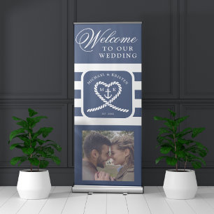Nautical Blue Striped Heart Anchor Wedding Retractable Banner