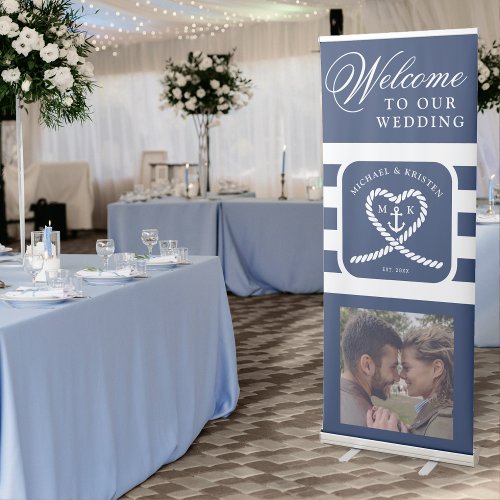 Nautical Blue Striped Heart Anchor Wedding  Retractable Banner