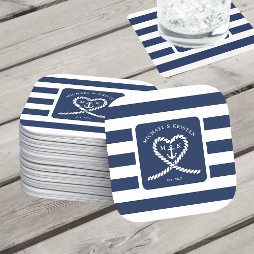 Nautical Blue Striped Heart Anchor Wedding  Square Paper Coaster