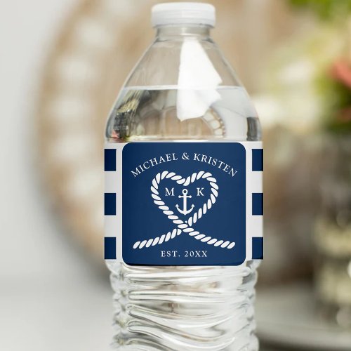 Nautical Blue Striped Heart Anchor Wedding  Water Bottle Label