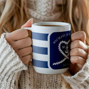 Nautical Blue Striped Heart Rope Anchor Wedding Coffee Mug