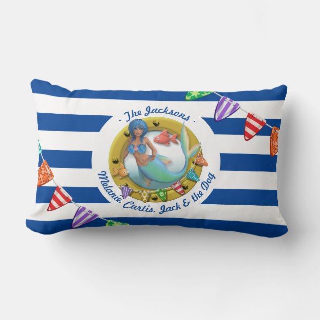 Nautical Blue Striped Mermaid Family Holiday Beach Lumbar Pillow (Front)