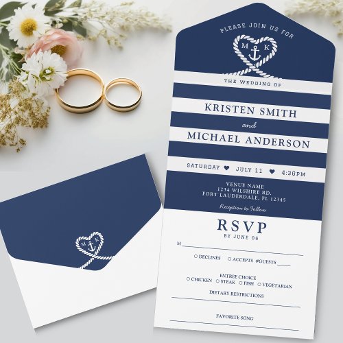 Nautical Blue Striped Rope Heart Anchor Wedding All In One Invitation