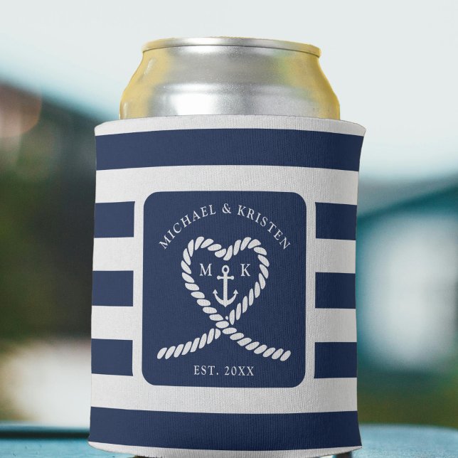 Nautical Blue Striped Rope Heart Anchor Wedding  Can Cooler (Nautical Blue Striped Rope Heart Anchor Wedding Can Cooler
)