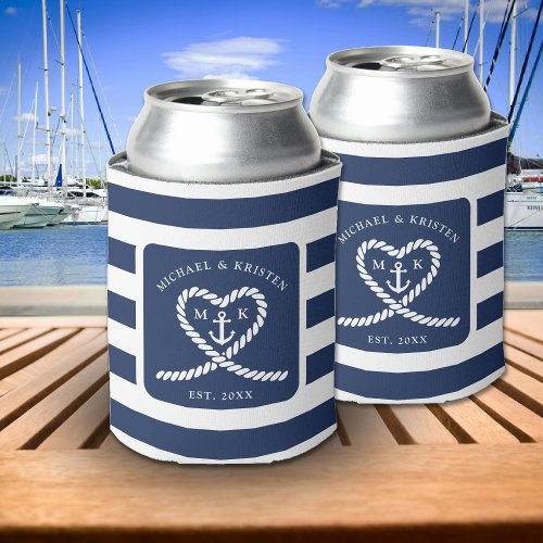 Nautical Blue Striped Rope Heart Anchor Wedding  Can Cooler