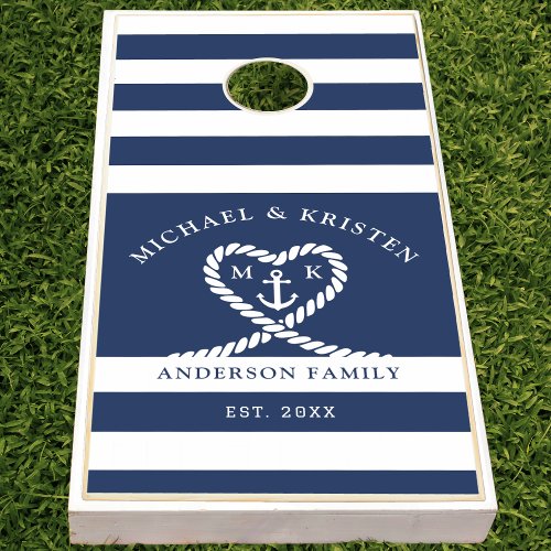 Nautical Blue Striped Rope Heart Anchor Wedding Cornhole Set