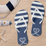 Nautical Blue Striped Rope Heart Anchor Wedding Flip Flops<br><div class="desc">Nautical blue and white wedding honeymoon flip flops for a wife.  Great for a Navy (military) or lake house wedding.  Design features stripes and a heart shaped rope with anchor and couple initials in the middle.  Personalize it with your wedding details.</div>