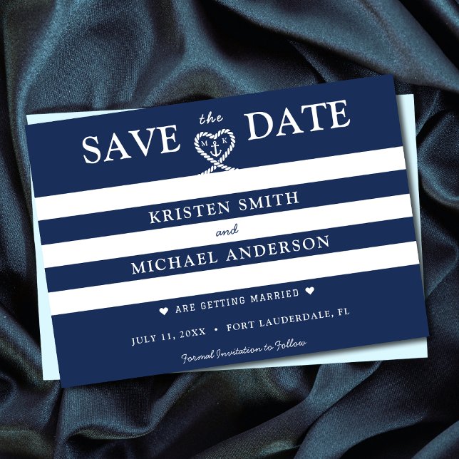 Nautical Blue Striped Rope Heart Anchor Wedding Save The Date (Nautical Blue Striped Rope Heart Anchor Wedding Save The Date)