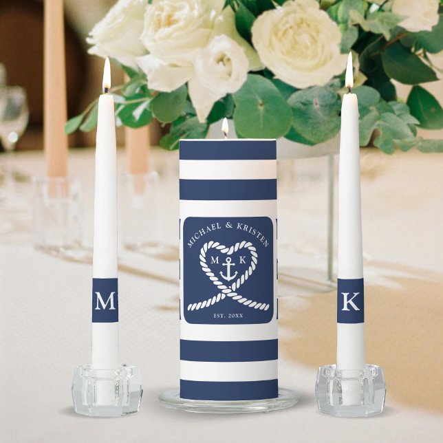 Nautical Blue Striped Rope Heart Anchor Wedding  Unity Candle Set (Nautical Blue Striped Rope Heart Anchor Wedding Unity Candle Set)
