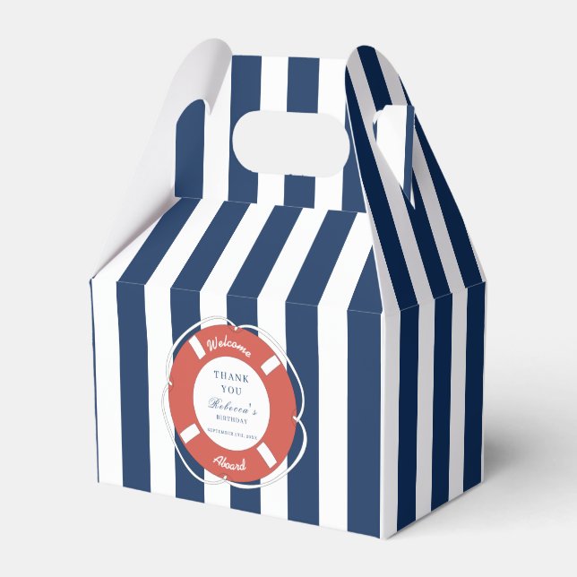 Nautical Blue Striped Welcome Aboard Birthday Favor Boxes (Front Side)