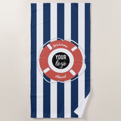 Nautical Blue Striped Welcome Aboard Boat Logo Beach Towel