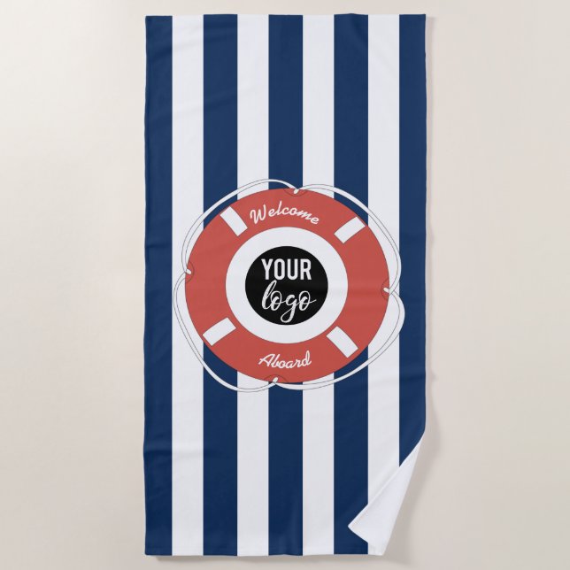 Nautical Blue Striped Welcome Aboard Boat Logo Beach Towel (Front)