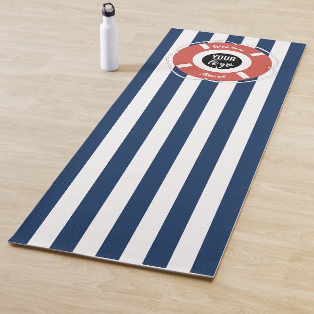 Nautical Blue Striped Welcome Aboard Boat Logo Yoga Mat (In Situ)