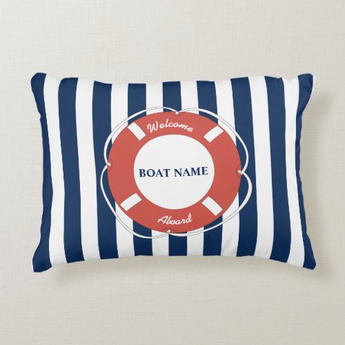 Nautical Blue Striped Welcome Aboard Boat Name Accent Pillow