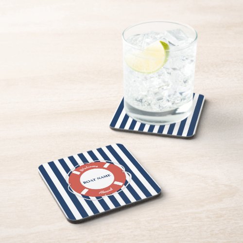 Nautical Blue Striped Welcome Aboard Boat Name Beverage Coaster