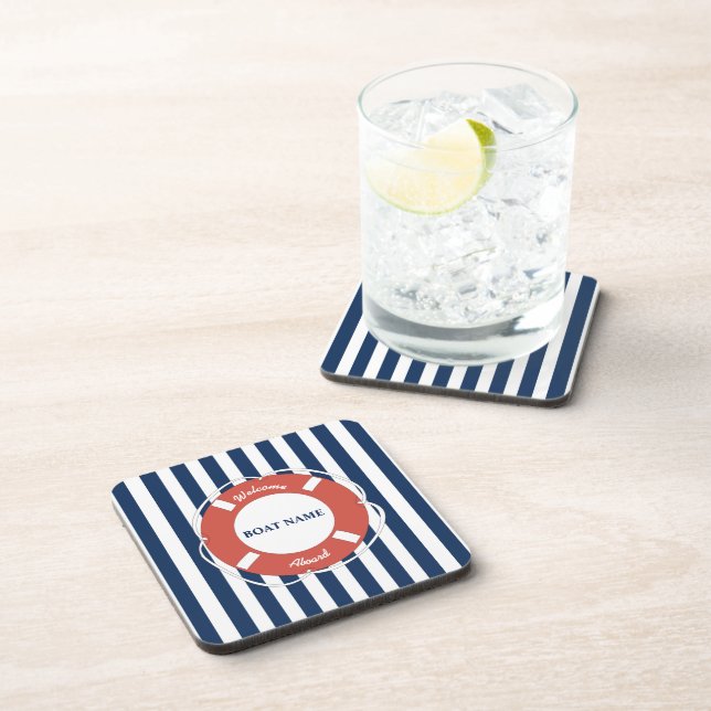 Nautical Blue Striped Welcome Aboard Boat Name Beverage Coaster (Right Side)